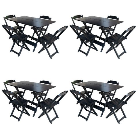 Kit 4 Conjuntos De Mesa Com 4 Cadeiras De Madeira Dobravel 120X70 Preto - Preto