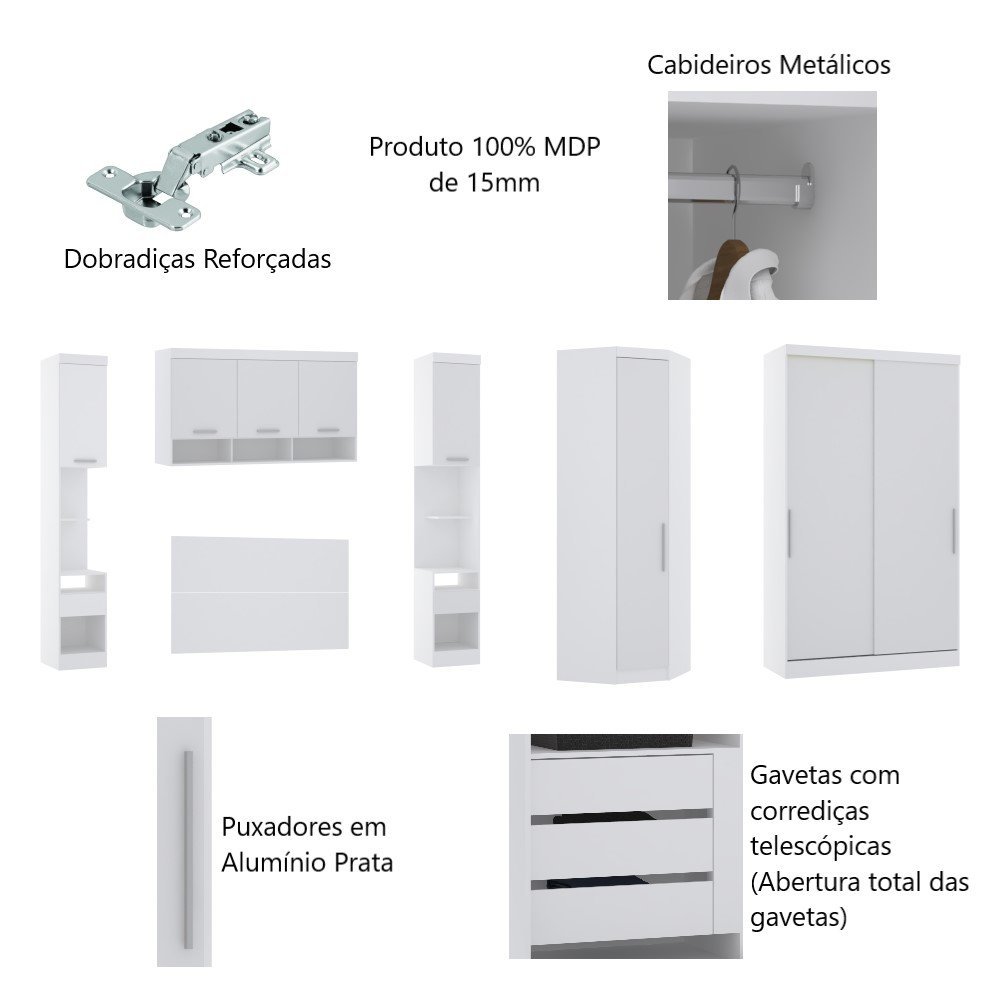 Guarda Roupa Dormitório Modulado Alpes Casal 1,38 m Canto c/ 2 Portas de Correr - Branco - Luciane M - 3