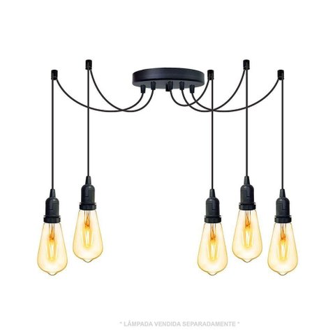 Lustre Aranha com 5 Pendentes (2m Cabo Preto + Soquetes + Canopla)