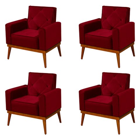 Kit 4 Poltronas Decorativa Florença Pés em Madeira Maciça Estofado Veludo - Vermelho