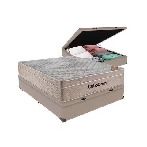 Cama Box Baú Casal Bege Colchão Molas Ensacadas Airtech Springpocket 138x188 - Ortobom