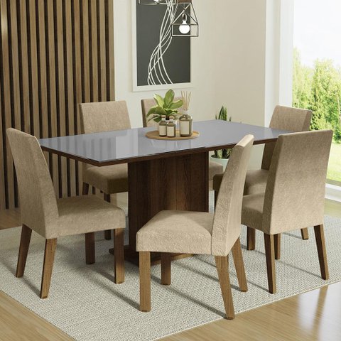 Conjunto Sala de Jantar Mesa Tampo de Vidro 6 Cadeiras Alexis Madesa