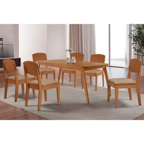 Sala de Jantar Completa Havana C/ Tampo Madeirado Canto Curvo 180x90cm e 6 Cadeiras Havana Naturale