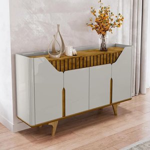 Balcão Buffet Tamisa C/ 4 Portas e Pé Madeira Maciça Offwhite/naturale