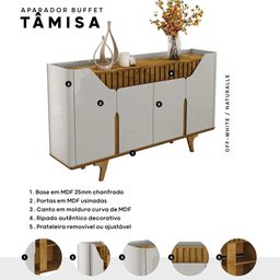 Balcão Buffet Tamisa C/ 4 Portas e Pé Madeira Maciça Offwhite/naturale - 3
