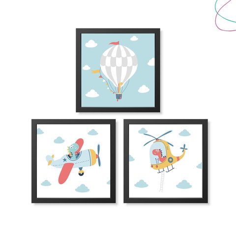 3 Quadrinhos Decorativos Infantil Dinossauro Avião Balão: Preta