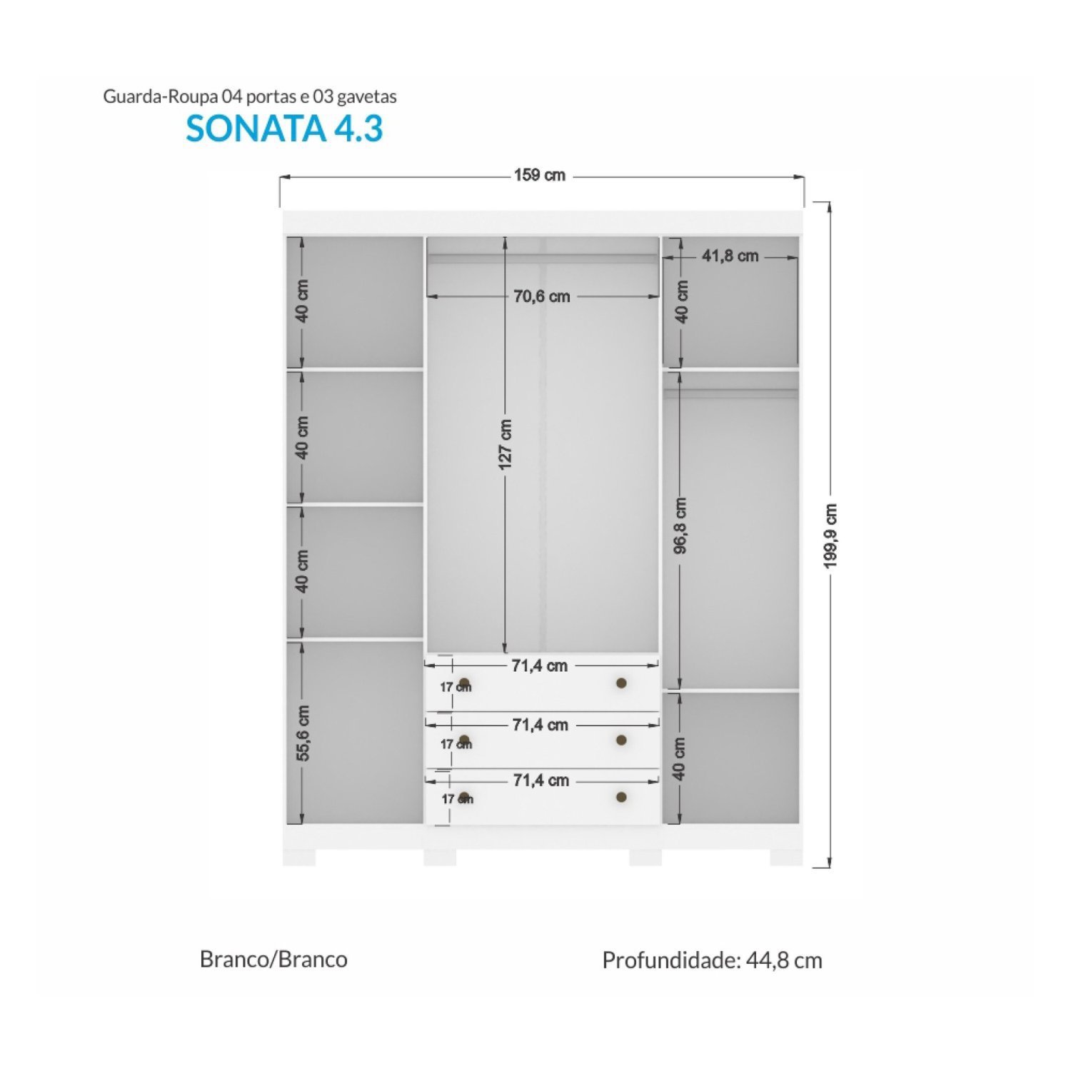 Guarda Roupa Solteiro com Pés 4 Portas e 3 Gavetas 2022  - 4