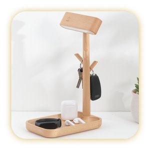 Luminária Led de Mesa com Porta Objetos em Madeira Maciça Faia
