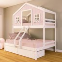 Ver imagem 1 de Beliche Casal/ Solteiro Casinha Dos Sonhos com 02 Gavetas Madeira Maciça Rosa/ Branco Housin