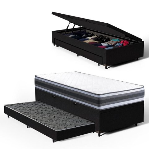 Cama Box Baú com Colchão de Espuma D45 Double Face Territory Hellen + Auxiliar Solteiro 88cm
