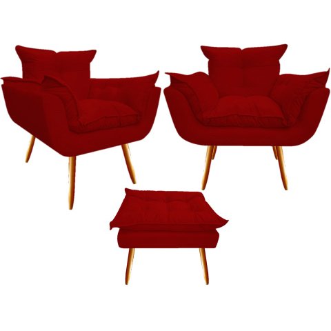 Kit 2 Poltronas + Puff Decorativo Opala Suede Vermelho Pés Madeira Ms Decor