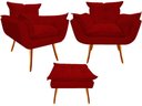 Ver imagem 1 de Kit 2 Poltronas + Puff Decorativo Opala Suede Vermelho Pés Madeira Ms Decor
