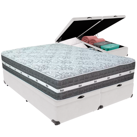 Cama Box Baú Branco e Colchão Black Graphite Molas Ensacadas King 193x203x32 Anjos