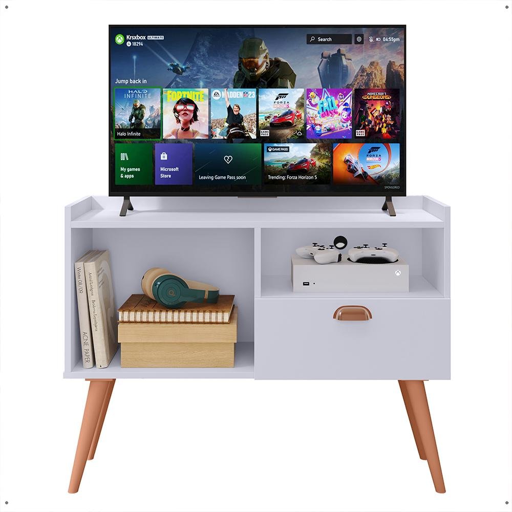 Rack Tv 32" Home Estante Sala Estar Recepção 1 Porta 2 Nichos Pés Retrô ...