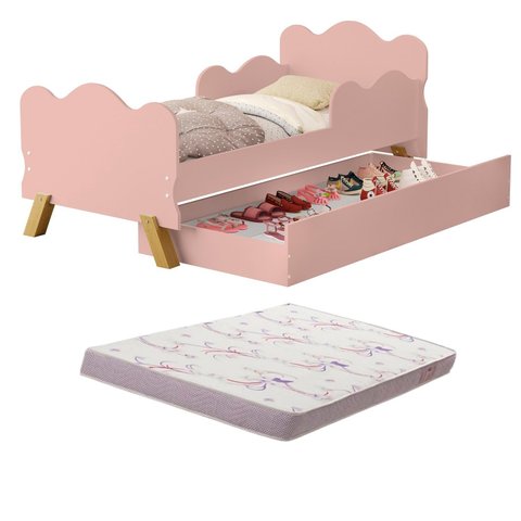 Mini Cama Infantil Angel Rosa com Auxiliar Sapateira Proteção Lateral + 1 Colchão D18