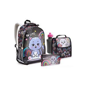 Kit Mochila + Lancheira Térmica + Estojo Simples + Garrafa Gatinha Preta - Seanite