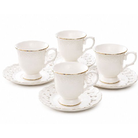 Jogo 4 Xícara com Pires para Café Vague em New Bone China com Borda Ouro 100ml Branco Full Fit
