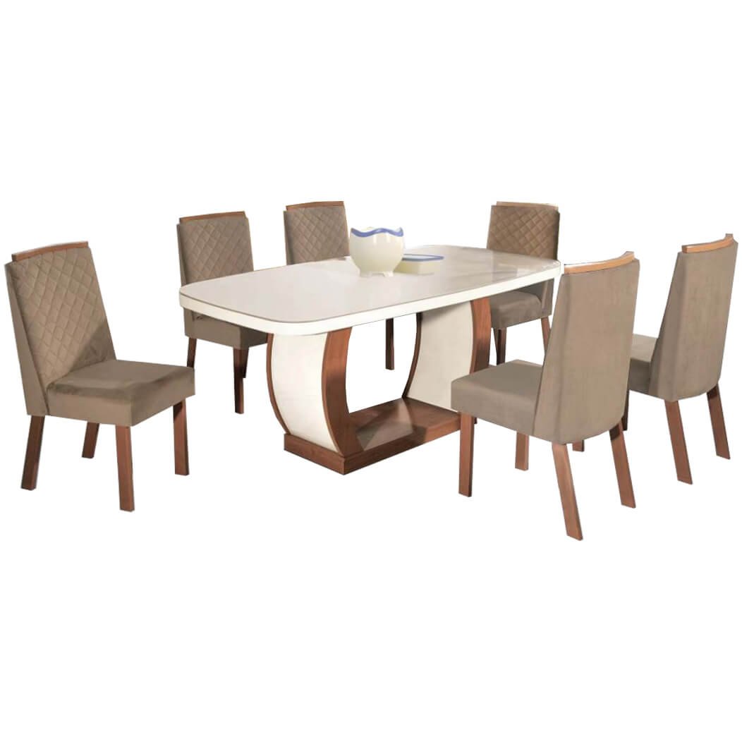 Mesa de Jantar com 6 Cadeiras amendoa Off white