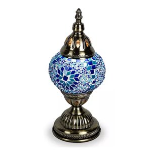 Abajur Turco Mosaico Metal Vidro Azul Bivolt 28 cm YMA401