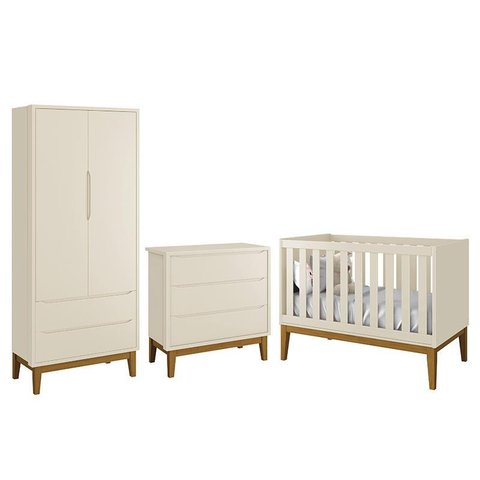Dormitório Infantil Classic 2 Portas, Cômoda 3 Gavetas e Berço Areia Fosco com Pés Amadeirado -