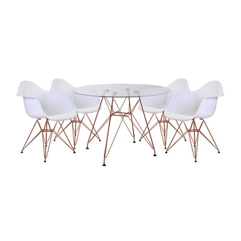 Conjunto Jantar Mesa Eames Eiffel Vidro Redonda 110cm com 4 Poltronas Brancas Ferro Cobre