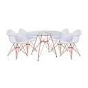 Ver imagem 1 de Conjunto Jantar Mesa Eames Eiffel Vidro Redonda 110cm com 4 Poltronas Brancas Ferro Cobre