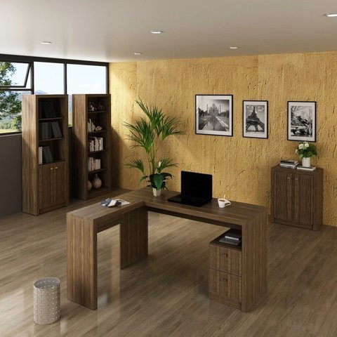Conjunto 4 Peças com 1 Mesa para Escritório em L, 2 Estantes e 1 Armário Baixo Marrom/Nogal