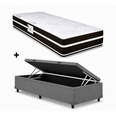 Cama Bau Solteiro Cinza Colchao Solteiro Molas Ensacadas Classico - Alto Nivel