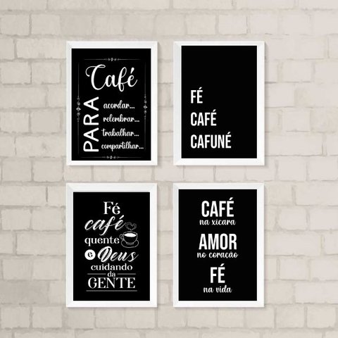 Kit 4 Quadros Cantinho do Café com fé 24x18cm - com Vidro:madeira Branca