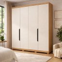 Ver imagem 1 de Guarda Roupa Solteiro 4 Portas 100% MDF Off White e Carvalho Barcelona Bege