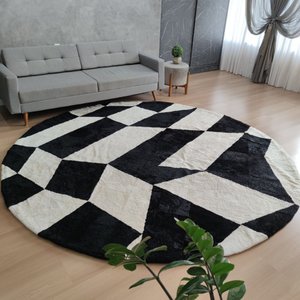 Tapete Redondo Preto e Branco 2,85m Lã de Ovelha Tosada