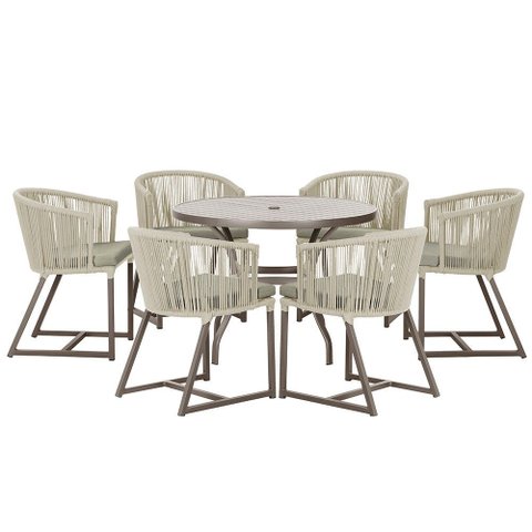 Mesa com 6 Cadeiras de Jantar Roma 120cm e Noronha em Alumínio Marrom Corda Náutica Estofado 8 Trama