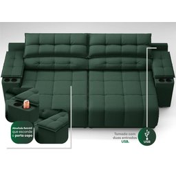 Sofá com Porta Copos Carregador USB Ret Rec Samurai 2,50m Velosuede Verde - NETSOFAS - 2