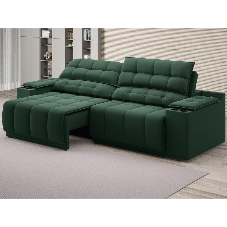 Sofá com Porta Copos Carregador USB Ret Rec Samurai 2,50m Velosuede Verde - NETSOFAS