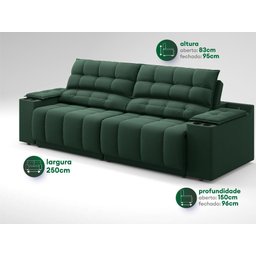 Sofá com Porta Copos Carregador USB Ret Rec Samurai 2,50m Velosuede Verde - NETSOFAS - 3