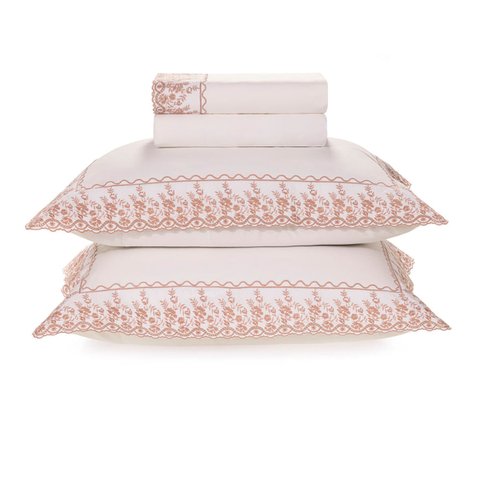 Jogo de Cama Queen 200 Fios Karsten Bordado Antônia Branco Rosa