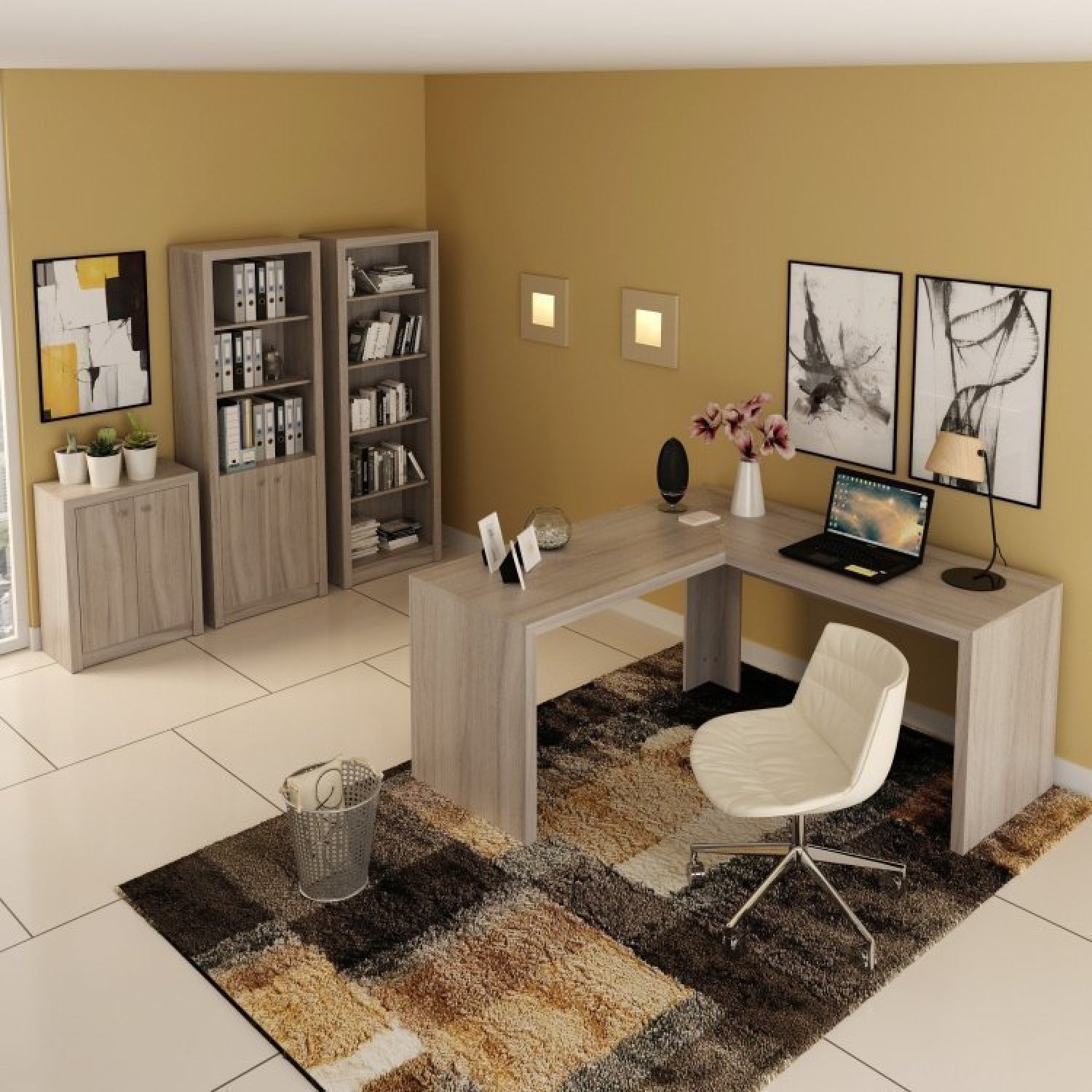 Conjunto Home Office 4 peças com 1 Escrivaninha em L, 2 Estantes e 1 Balcão Espresso Móveis