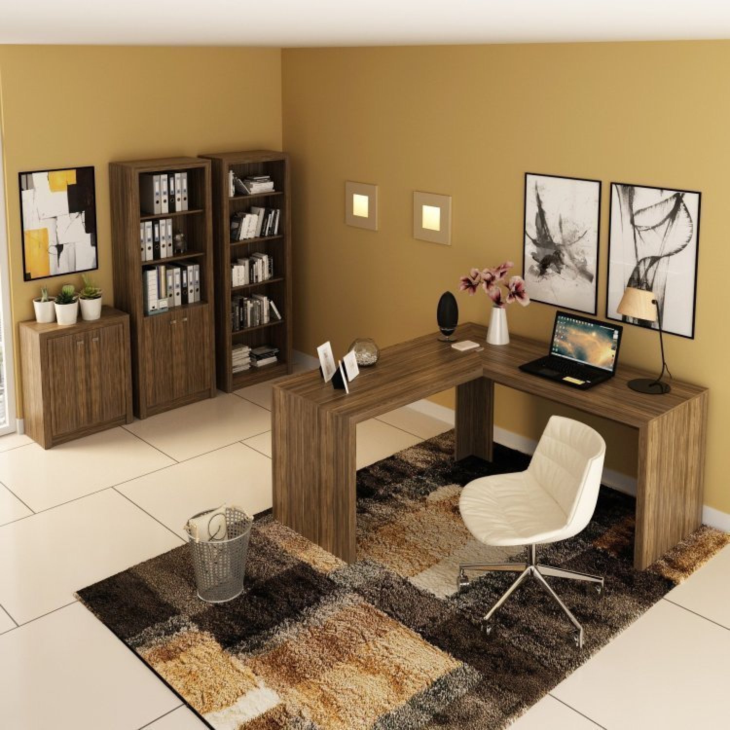 Conjunto Home Office 4 peças com 1 Escrivaninha em L, 2 Estantes e 1 Balcão Espresso Móveis