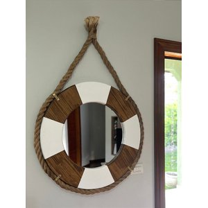 Espelho Bóia em Madeira com Corda Gigante Decoração Náutica Praia