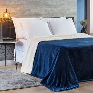 Cobertor Fênix Queen Sherpa Pele de Carneiro + Mantinha Flannel 1 Peça - Azul Marinho