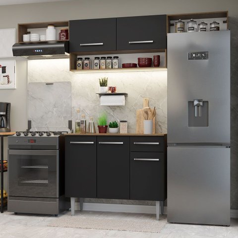 Armário de Cozinha Completa 225cm Rustic/Preto Emilly Madesa 01XA