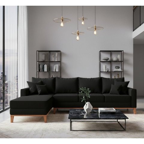 Sofá Beny com Chaise Esquerda, 1,40x2,60m, 4 Lugares, Linho, Base em Madeira.