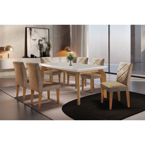 Conjunto Sala de Jantar Dublin 6 Cadeiras Irlanda MDF Imbuia Animalle Chocolate/Off White/Imbuia