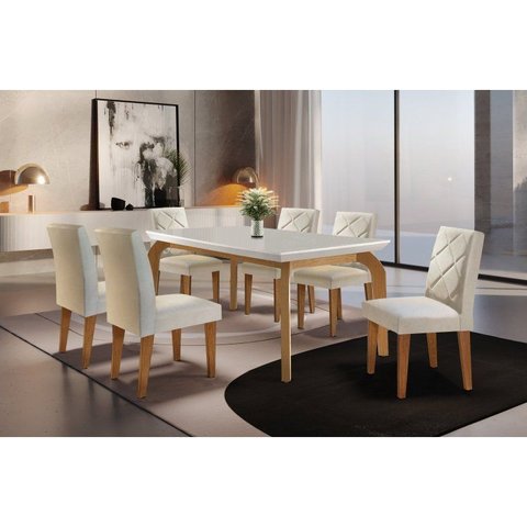 Conjunto de Mesa 180cm com 6 Cadeiras Estofadas Dublin Irlanda Marrom Veludo Creme/Off White/Imbuia