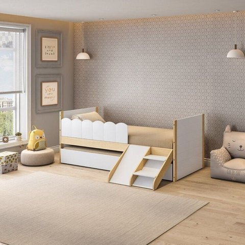 Bicama Infantil com Mini Escorregador e Grade New Garden Casatema MadeiraOriginals Marrom/Branco