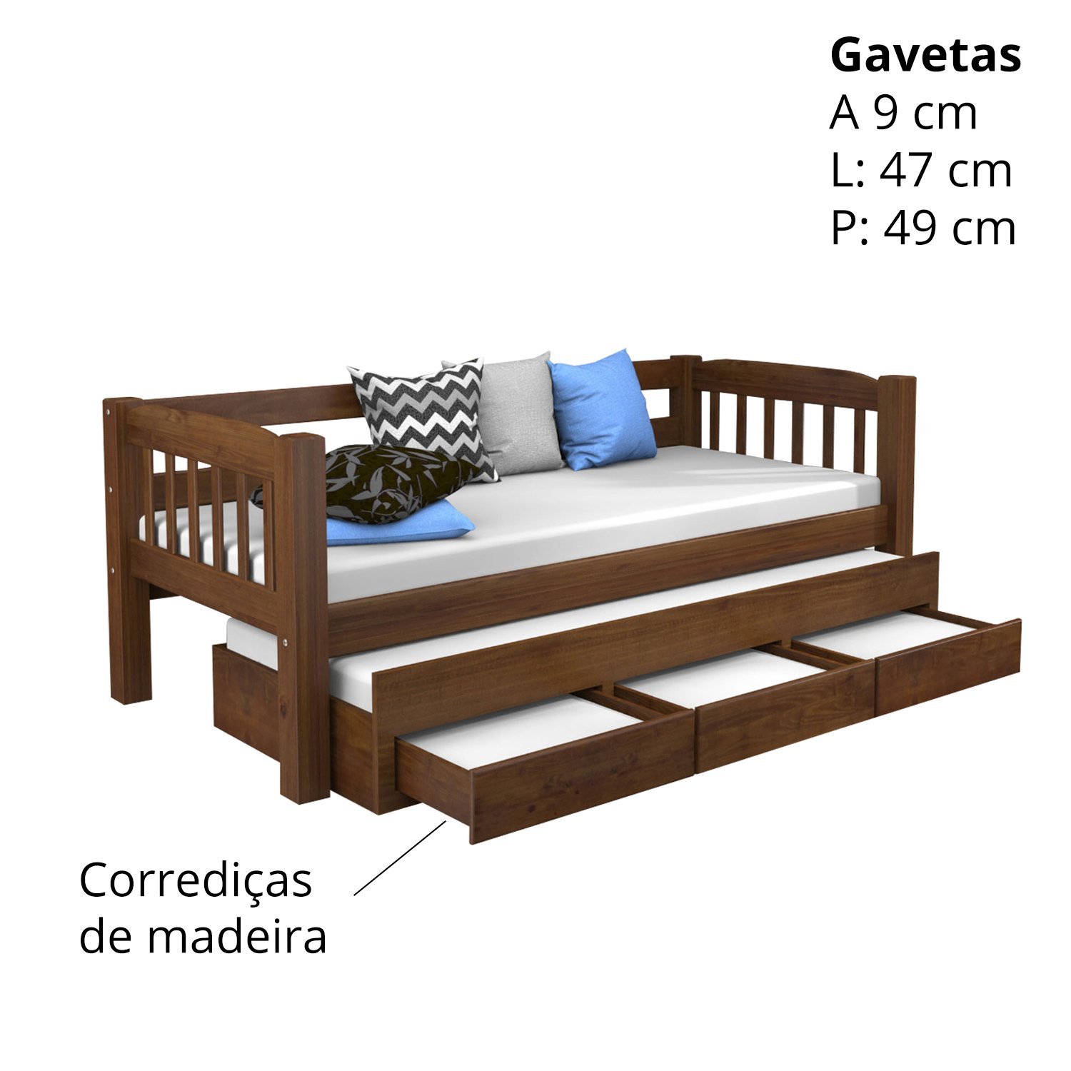 Bicama Madeira Maciça com 3 gavetas com 2 colchões D20 88x188x12 - 5