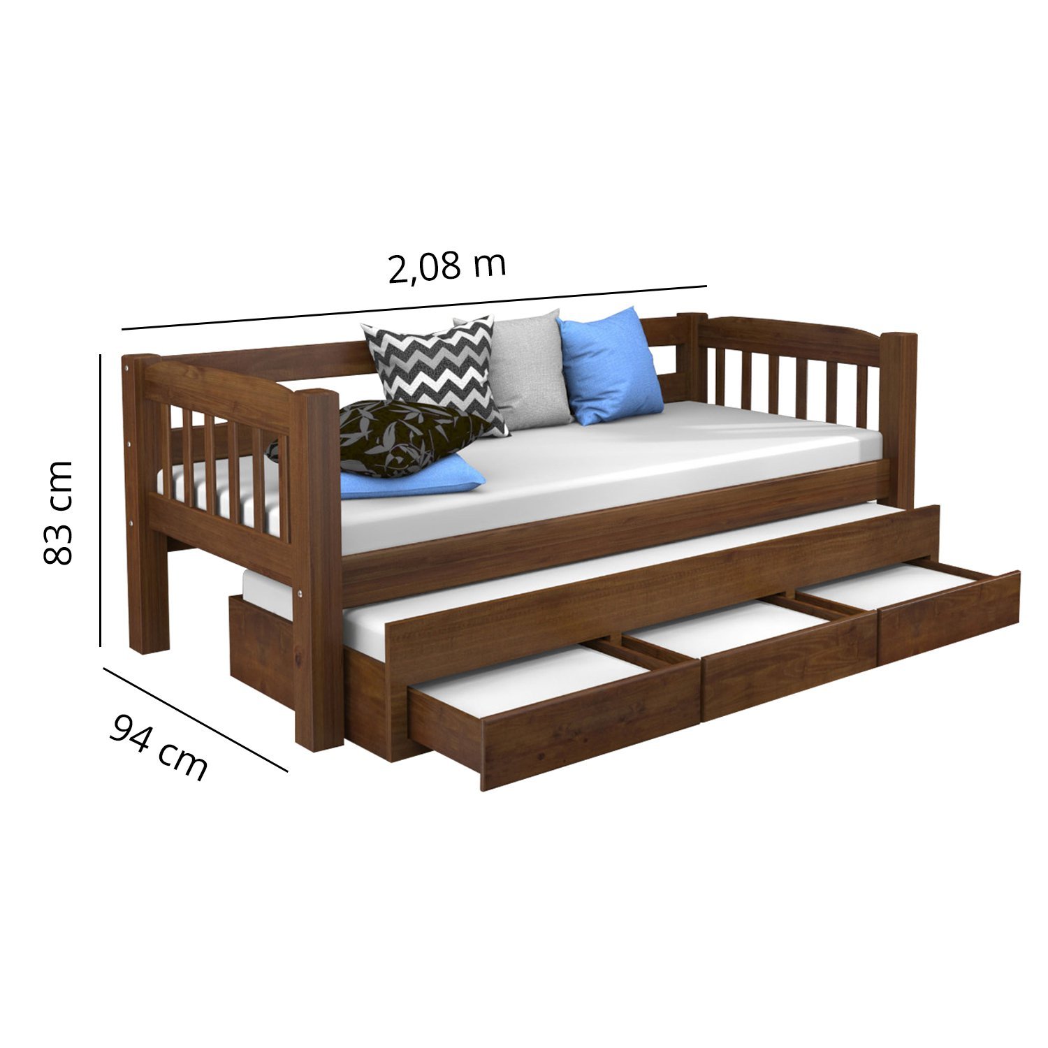 Bicama Madeira Maciça com 3 gavetas com 2 colchões D20 88x188x12 - 4