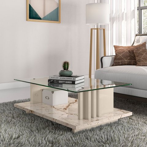 Mesa Centro para Sala de Estar Retangular Frizz Branco Calacata/Off White