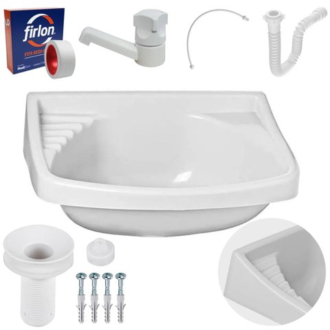 Pia Lavatório Banheiro 4,8L + Torneira Branca + Sifão Universal Branco + Engate + Veda Rosca