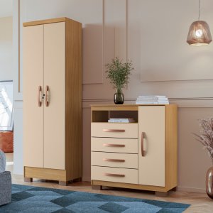 Kit Cômoda Sapateira 1 Porta 4 Gavetas e Multiuso 2 Portas Porto Belo Carvalho Off White